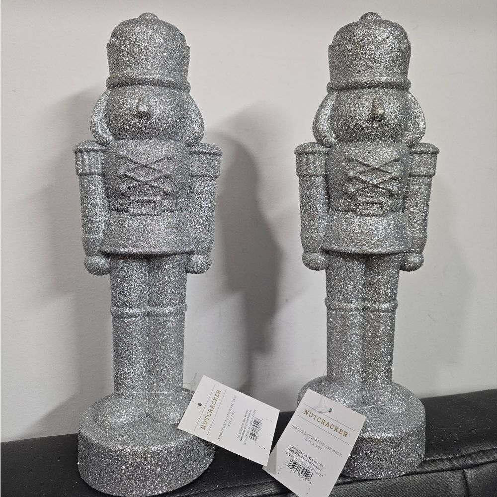Set of 2 Silver Glittered Christmas Decorative Nutcrackers,  11.5 in H, New